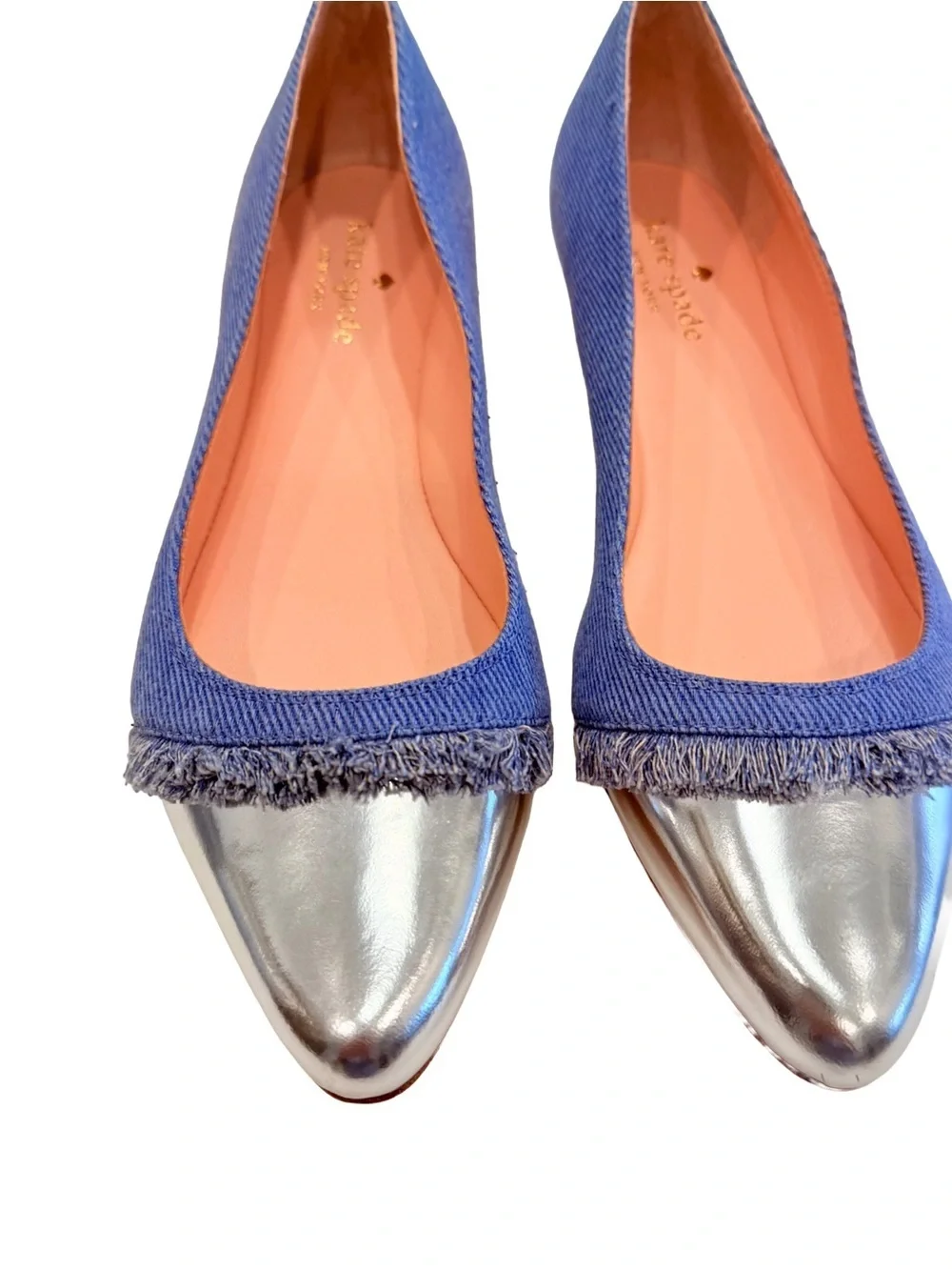 Kate Spade New York Nelly Flats Washed Denim Metallic Silver Sz 8.5 NIB